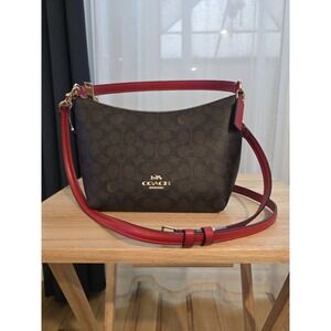 COACH CX610 Zip Top Shoulder Bag In Signature Canvas & Leather Walnut/Bold Red